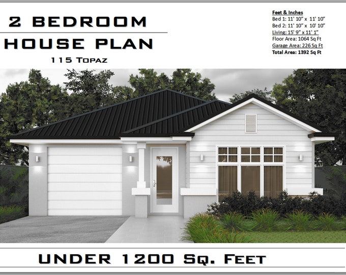 House Plans for Sale| 2 Bedroom 2 Bathroom House Plan|1064 sq.ft   small home design| Building plans| Open Concept Cozy Practical Design