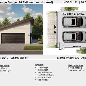 Construction Plan#36 Garage Skillion: Detached 20&#39; x 20&#39; Two-Car Garage with Lean-To Roof | Architectural Plans - Digital PDF Blueprint