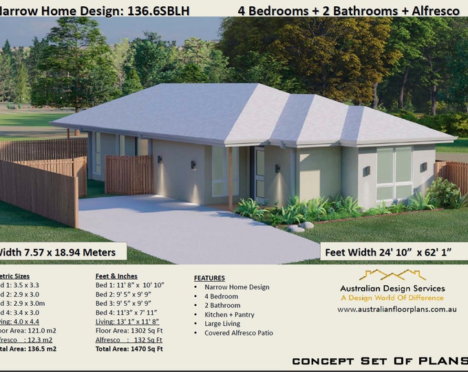 Narrow Lot House Plan 121 m2  or 1302 Sq. Feet | 4 Bedroom  + Slimline house plan |  Concept house plans For Sale