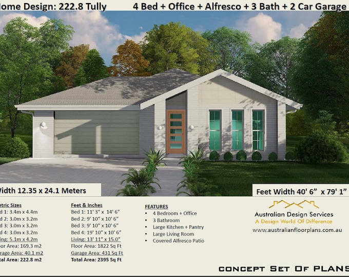 Exceptional Home Plan: 4 Bedrooms + Office, 3 Bathrooms, Large Kitchen with Pantry, Spacious Living Room, Covered Alfresco Patio
