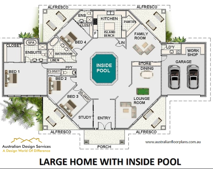 4 or 5  Bedrooms 3 Bath rooms + Internal Pool Acreage Home Design | House Plans For sale | 305m2 or 3286 sq feet