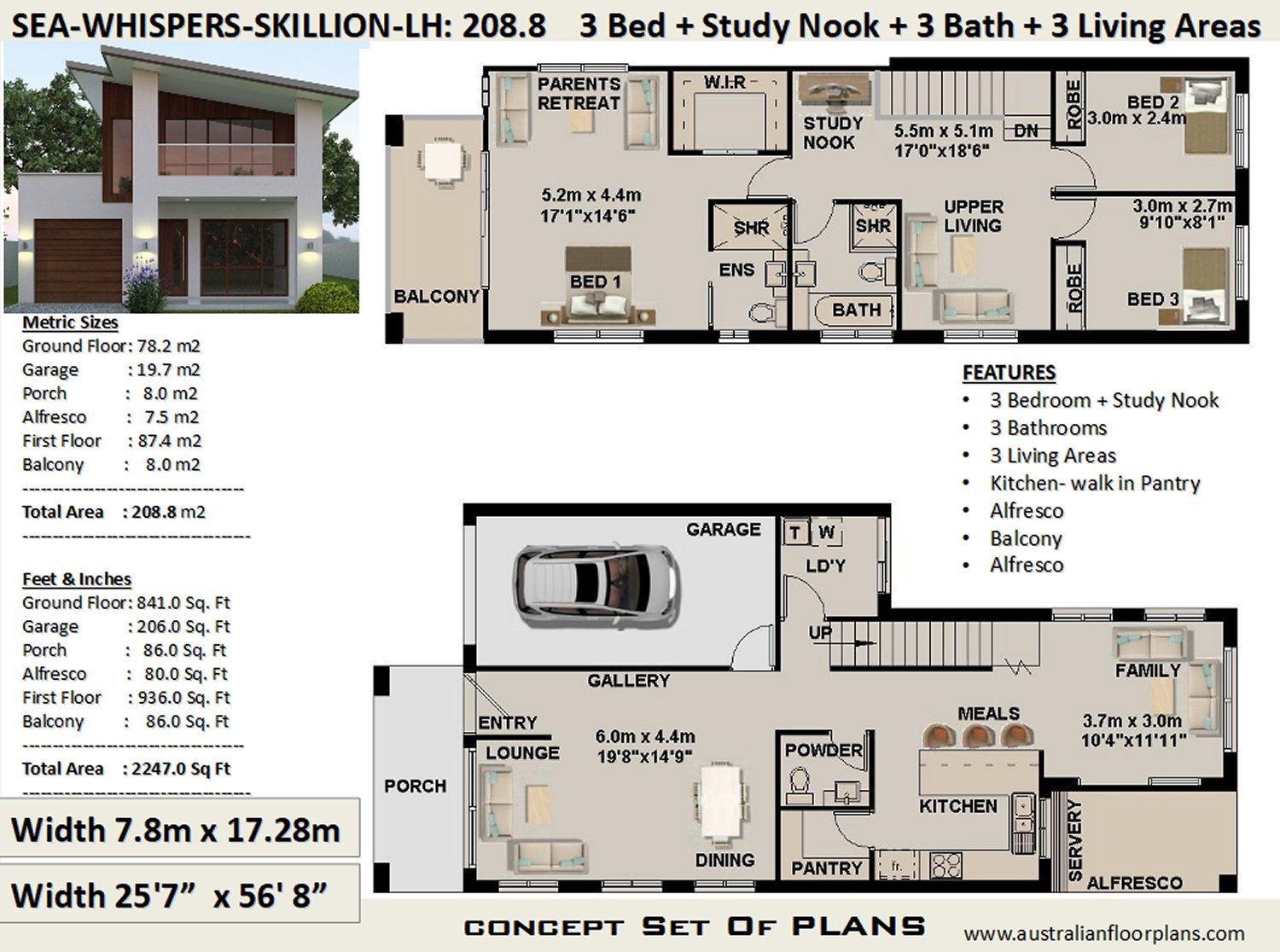 Duplex - Townhouse Narrow Lot Skillion Roof House Plans | 208 M2 | 2247 Sq.  Feet | 2 Storey Skillion Roof House Design | 2 Story Home Design - Etsy, image size:1500x1116