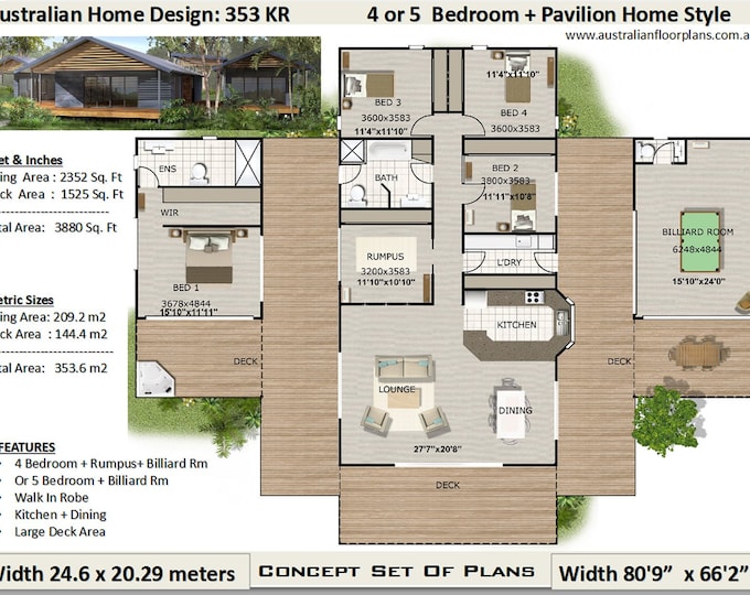 Acreage Home Design - 4 or 5  Bedrooms 2 Bath rooms plus rumpus room | House Plans For sale | 353m2 or 3800 sq feet