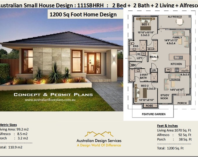 1200 sq foot house plan or 99.2 m2   | 2 Bedroom + 2 Bathroom house plan 111 SBH | Small & Tiny House Plans | Cheap Small Home Plans