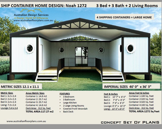 3 bedroom SHIPPING CONTAINER Concept home Plans for sale | 4 Shipping Containers / Affordable Large Home Low Construction costs