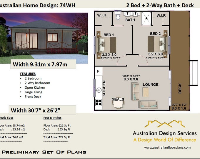 775 Sq.Ft | 58 m2 | 2 Bedroom Concept Plans |  2 Bed Homestead plans | 2 Bedrooms Coastal house plans| Cottage Cabin house plans