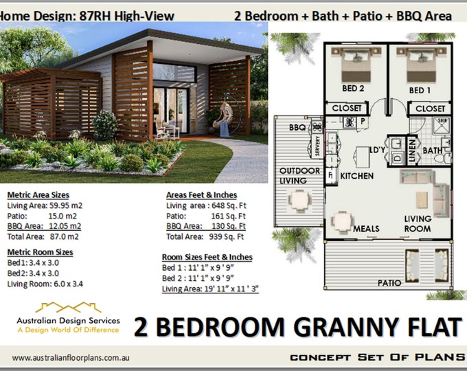 SKILLION ROOF - Small and Tiny Home Design 59.9m2/ 644 Sq. Feet  - Country 2 Bed House Plans For Sale Under 700 Sq Feet