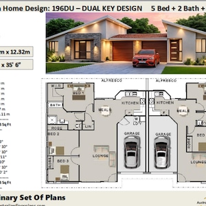 May include: Floor plan for a dual key design home with 5 bedrooms, 2 bathrooms, and 2 car garage. The plan shows two separate living spaces, each with a kitchen, living room, and bedrooms. The home has a total area of 2118.3 square feet.
