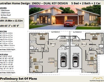 Puede incluir: Plano de planta para una casa de diseño de llave doble con 5 dormitorios, 2 baños y un garaje para 2 coches. El plano muestra dos espacios de estar separados, cada uno con una cocina, sala de estar y dormitorios. La casa tiene una superficie total de 2118,3 pies cuadrados.