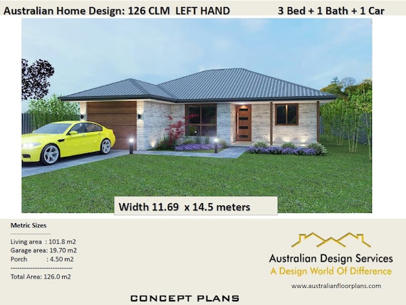 3 bed house plans single garage For Sale 126 m2 3 Etsy