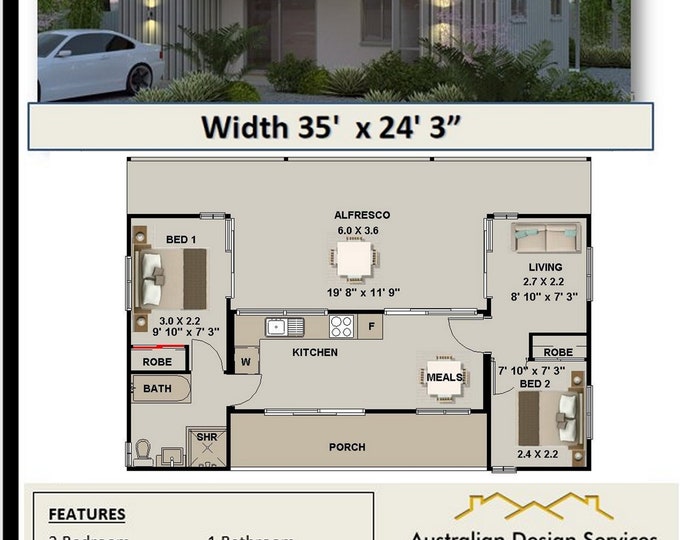 Shipping Container Concept Blueprint Plans For Sale  |  3 containers combined floor plans | 840sq foot  |  78m2 | 2 Bed