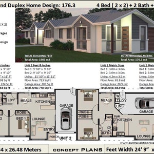 May include: Floor plan for a duplex home design with 4 bedrooms, 2 bathrooms, 2 garages, and a large living area. The plan shows the layout of each unit, including bedrooms, bathrooms, kitchen, living room, and garage. The total building area is 1903 square feet.