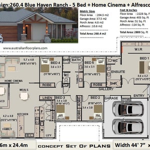 5 Bedroom house plans - 260.4 m2 or 2800 Sq. Feet. Family-Friendly with modern Home Theatre. Open Concept living spaces. Classic Design.