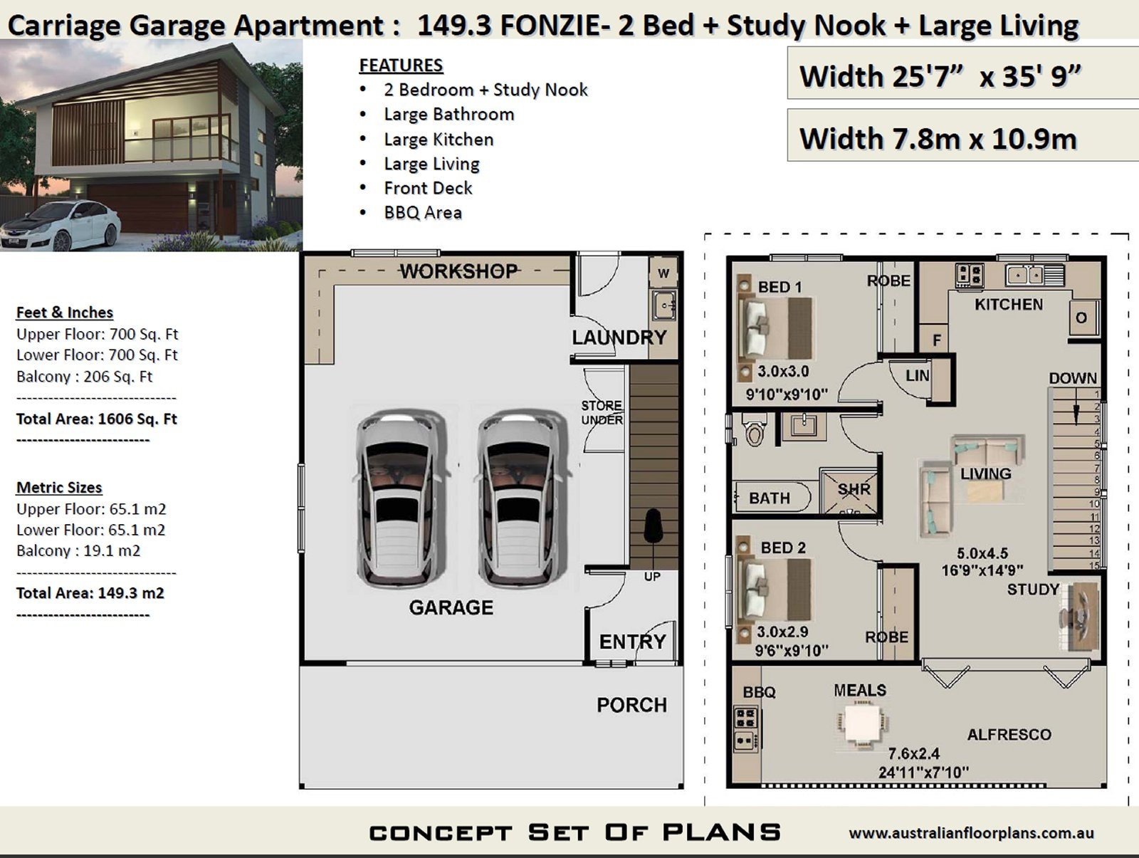 Fonzie 2 Bed Study House Plan Area 149.3 M2 1606 Sq Foot Garage