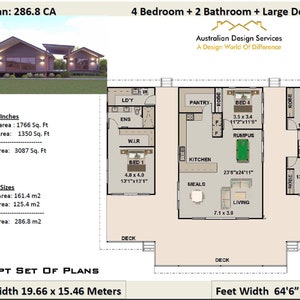 May include: Architectural rendering of a house plan with a 4-bedroom layout, 2 bathrooms, and a large deck. The plan includes dimensions in feet and inches, with a total area of 3087 sq. ft. The image also shows a 3D rendering of the house.