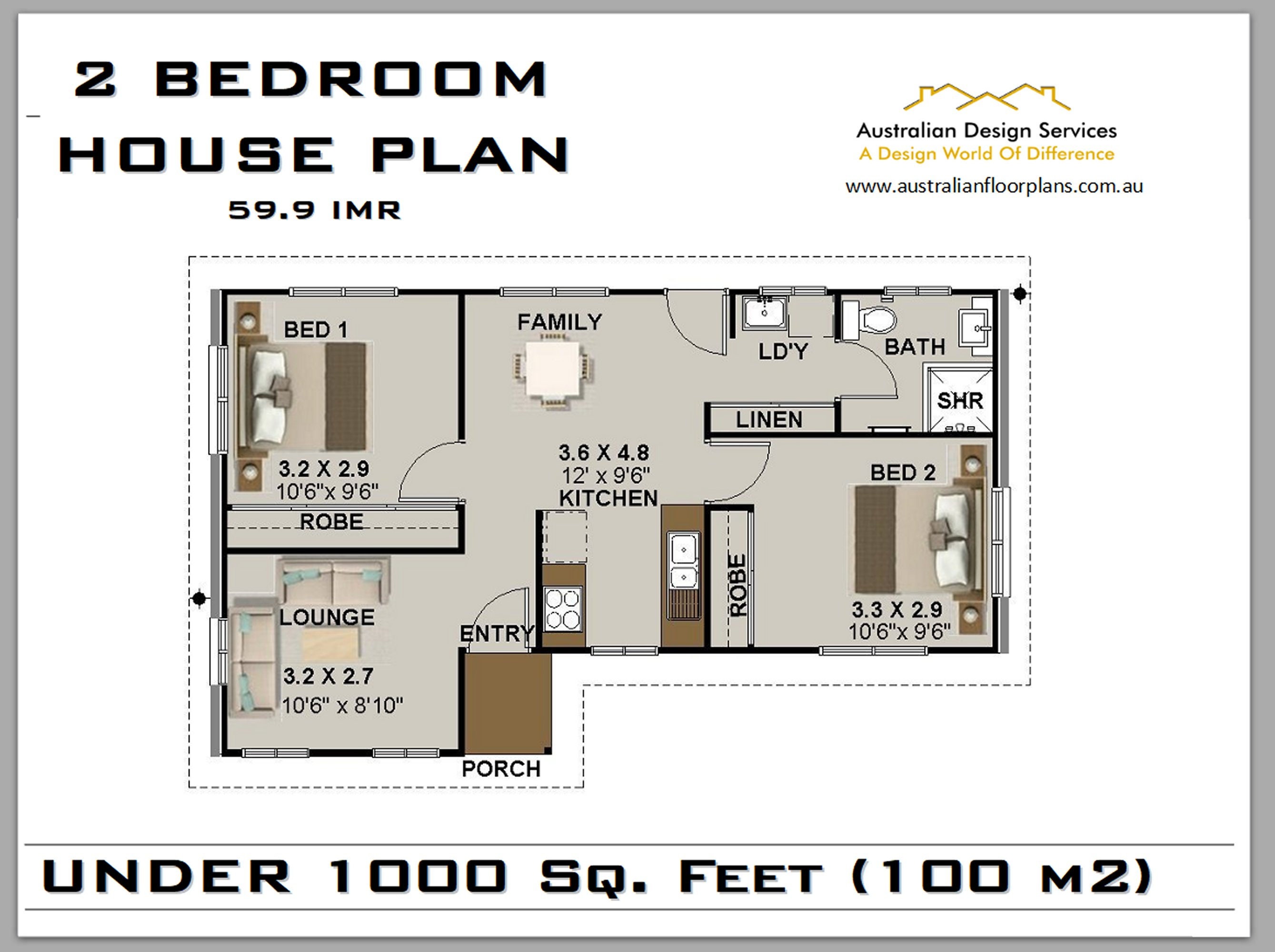 59.9 Imr House Plan Under 1000 Sq. Foot 2 Bedroom House - Etsy