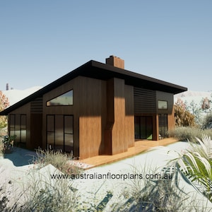 May include: A modern, wood-sided house with a black roof and a large window. The house is set against a backdrop of trees and snow.