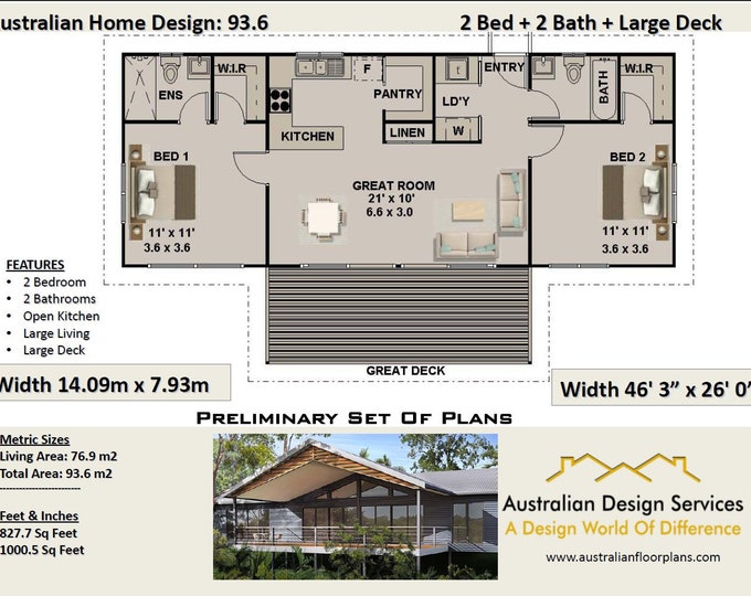 93.6 m or 1000 sq foot - Australian 2 Bed + 2 Bath +  Home Plans For Sale / on stumps and timber floor / Steep Slope House Design