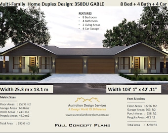 Puede incluir: Una representación 3D de un diseño de casa dúplex con un techo a dos aguas. La casa tiene un exterior marrón con una puerta de garaje de madera. El texto "Multi-Family Home Duplex Design: 350DU GABLE" está en la parte superior de la imagen. El texto "8 Bed + 4 Bath + 4 Car" está en la parte superior derecha de la imagen. El texto "Width 25.3 m x 13.1 m" está en la parte inferior izquierda de la imagen. El texto "Width 103' 1" x 42'.11" está en la parte inferior derecha de la imagen. El texto "FEATURES" está en la parte superior central de la imagen. El texto "FULL CONCEPT PLANS" está en la parte inferior central de la imagen.