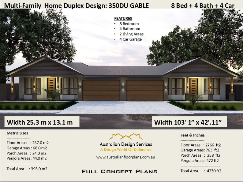 Multi Family Duplex House Plans/ 8 Bedroom Home/ modern duplex Multi Family Duplex dual duplex design Concept House Plans For Sale image 1