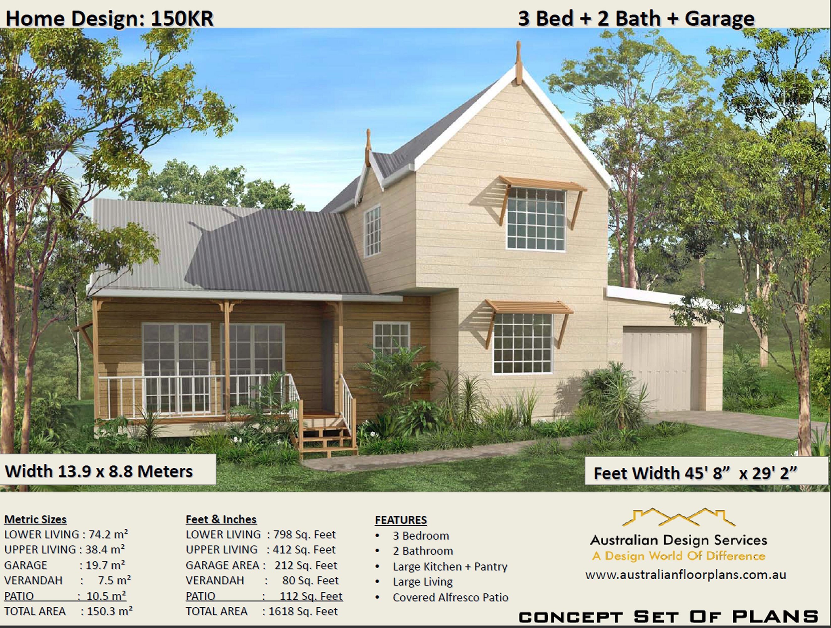 Chalet 150KR | 3 chambres + 2 salles de bains + garage - Plans de maison conceptuelle à vendre |  1618 pieds carrés Pieds - ou 150 m2