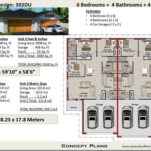 294.3 m2  or 3168 Sq Foot | 6 Bedrooms + 4 Car Garage duplex design | 6 Bedrooms duplex plans | modern duplex | Australian duplex design