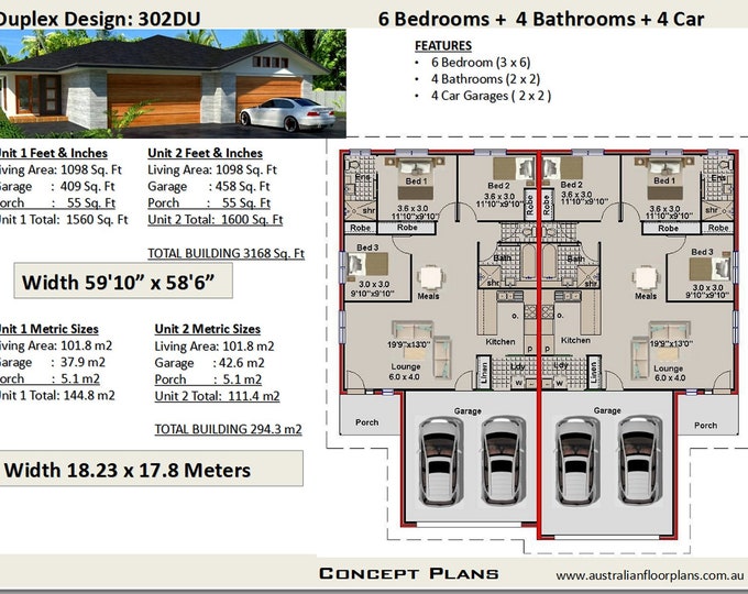 294.3 m2  or 3168 Sq Foot | 6 Bedrooms + 4 Car Garage duplex design | 6 Bedrooms duplex plans | modern duplex | Australian duplex design