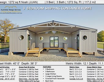 Piano di costruzione n. 1272 Noah: Progetti per case container con 3 camere da letto / Design conveniente con 4 container
