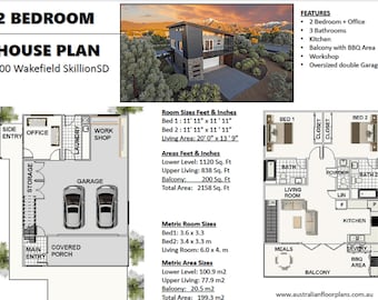 Garage Apartment/Granny Flat / House Plan - 2 Bed + Office   |  Airbnb Apartment  | Carriage house  | Skillion-SD Roof house plans for sale