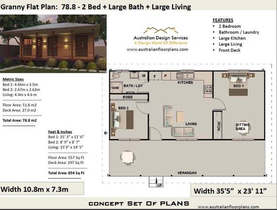 Living Area 51 8 M2 557sq Foot 2 Bedroom House Plan 78 8 Etsy