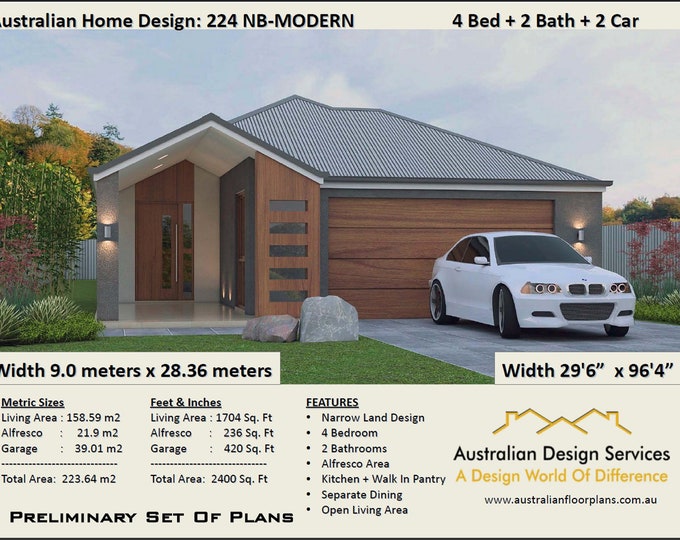 2400 Sq Foot / 224 m2 |4 Bedrooms Zero Lot | Narrow Lot House 4 bed house plan  | Narrow Lot House 4 bed floor plan | narrow house plans