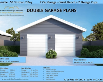 2 Car Garage Plan + Work Bench + 2 Storage Cupboards | 24 x 24 Garage plans | Construction Plans For Sale | Both Metric & Imperial Versions