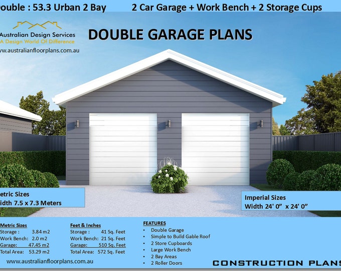 2 Car Garage Plan + Work Bench + 2 Storage Cupboards | 24 x 24 Garage plans | Construction Plans For Sale | Both Metric & Imperial Versions