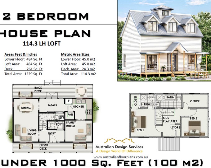 HOUSE FLOOR PLANS - 2 Bedroom Plus Office Modern Vacation House Cabin w/ Loft Architectural Floor Plans / Blueprints on Sale / 1000 Sq. Feet