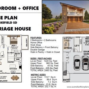 May include: Architectural house plan for a carriage house with two bedrooms, an office, and a double garage. The plan includes a side and front balcony, and the total area is 2460 sq ft.