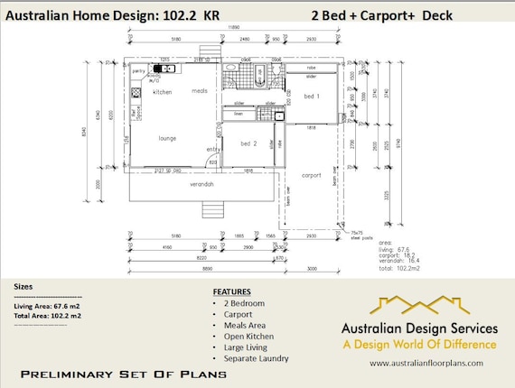 2 Bedroom Carport House Plan Living Area 67 6 M2 102 2 M2 Etsy