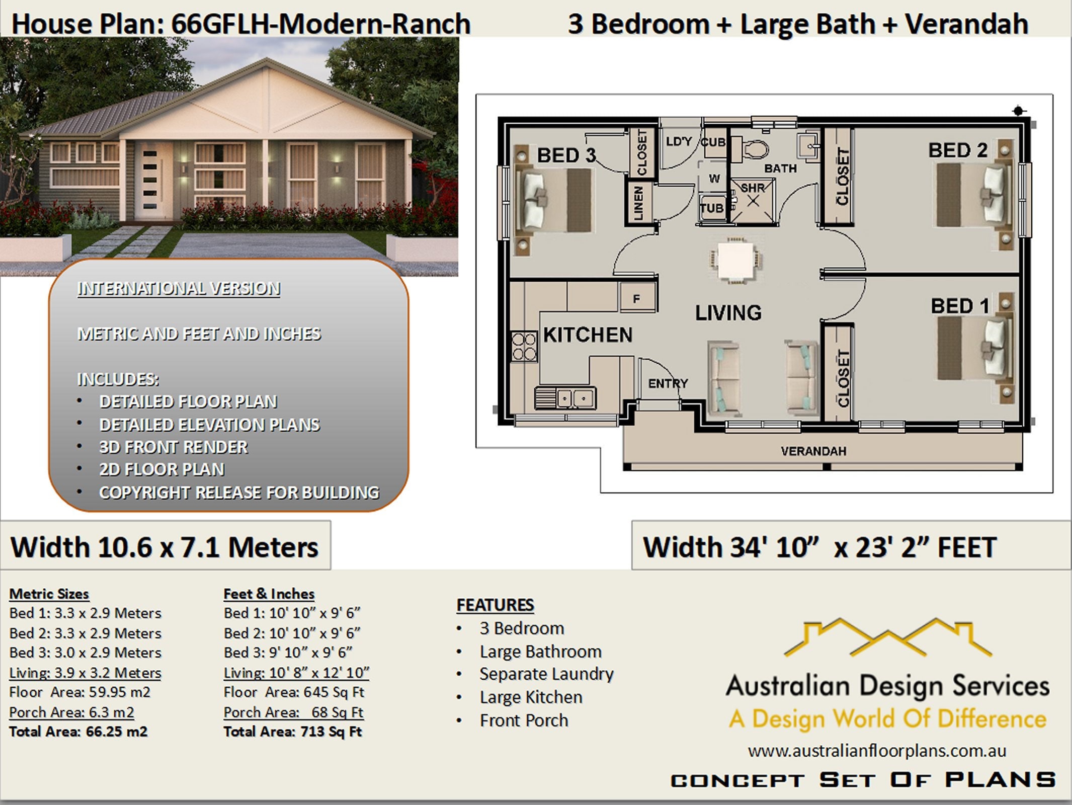 Small 3 Bedroom House Plan Under 1000 Sq Foot 713 Sq Ft Or Etsy