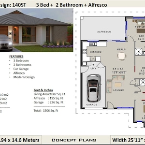 140 m2 | 1506 sq foot  |  3 Bedroom house plan 140ST  |  Concept House Plans For Sale