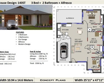 Op de afbeelding: Een plattegrond voor een huisontwerp met drie slaapkamers, twee badkamers, een garage en een terras. De plattegrond toont de afmetingen van elke kamer in zowel voet en inch als in meters. Het huis is 10,94 meter breed en 14,6 meter lang, of 25 voet 11 inch breed en 47 voet 11 inch lang.