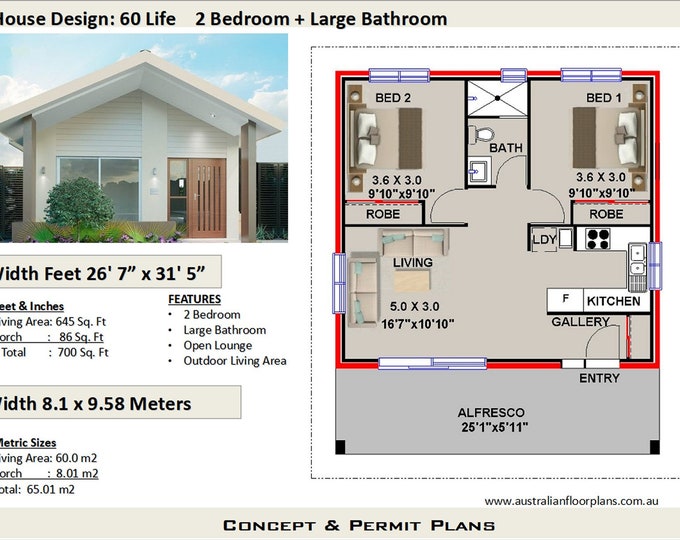 2 Bedroom House Plan, 700 sq. feet or 65 m2 | 2 small home design, small home design, 2 Bedroom Granny Flat, Concept House Plans For Sale