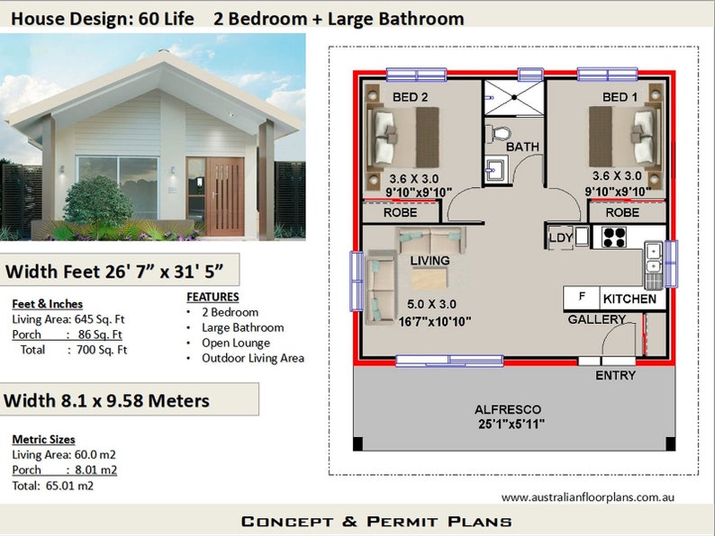 2 Bedroom House  Plan  700  sq  feet  or 65 m2 2 small home  Etsy