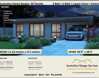 Woonoppervlak 59,61 m2 2 slaapkamers + carport | ontwerp van kleine huizen en carport | Oma plat | koop hier online huisplannen