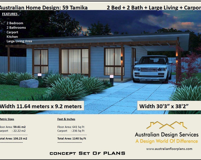Living Area 641 Sq Foot (59.61 m2) 2 Bedroom + Carport | small home design & Carport  | Granny Flat |  buy house plans online here