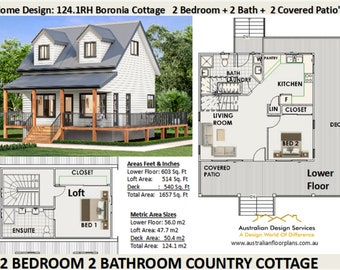 Cottage Cabin / 2 Bedroom Cottage house plan / Small and Tiny House Plans / Under 100 m2 or 1200 sq foot house plans / Granny Flat 26 x 36