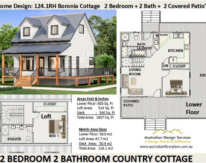 Cottage Cabin / 2 Bedroom Cottage house plan / Small and Tiny House Plans / Under 100 m2 or 1200 sq foot house plans / Granny Flat 26 x 36