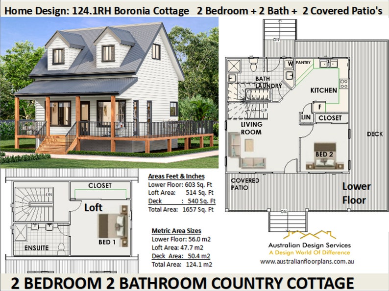 Cottage Cabin / 2 Bedroom Cottage house plan / Small and Tiny House Plans / Under 100 m2 or 1200 sq foot house plans / Granny Flat 26 x 36 image 1