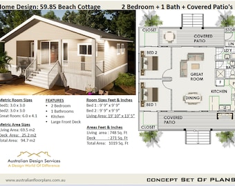 GRANNY FLAT house plans - Small and Tiny Home Design - Beach Cottage 2 Bed House Plans sale blueprints
