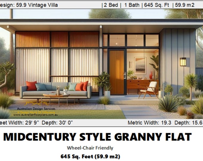 MIDCENTURY GRANNY FLAT- 645 square Feet (59.9 m2) | Ranch Design Construction Plans