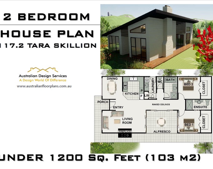 103m2 or 1107 sq foot - Modern 2 Bedroom house plan /  Small and Tiny House Plans / metric Under 1200 sq foot house plans / Granny Flat