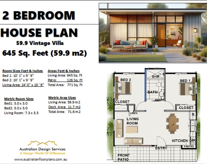 MIDCENTURY GRANNY FLAT- 645 square Feet (59.9 m2) | Design Concept house Plans